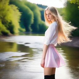 A small and skinny young 18-year-old blond European girl with long hair standing by a river