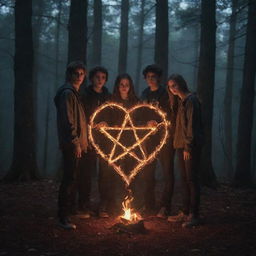 Four teenagers: three boys and one girl, encircling a fiery pentagram in the heart of a secluded forest under the cover of night. The scene is eerie yet captivating, thick with mystic undertones.