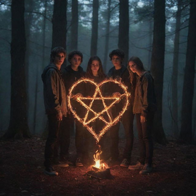 Four teenagers: three boys and one girl, encircling a fiery pentagram in the heart of a secluded forest under the cover of night. The scene is eerie yet captivating, thick with mystic undertones.