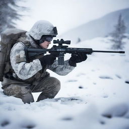 In a vast snowy landscape, a Chinese special forces soldier is aiming a high-precision sniper rifle at a military camp