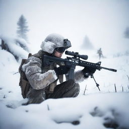 In a vast snowy landscape, a Chinese special forces soldier is aiming a high-precision sniper rifle at a military camp