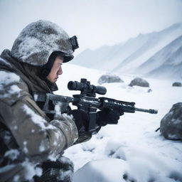 In a vast snowy landscape, a Chinese special forces soldier is aiming a high-precision sniper rifle at a military camp