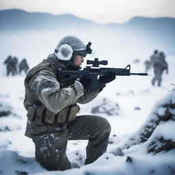 In a vast snowy landscape, a Chinese special forces soldier is aiming a high-precision sniper rifle at a military camp