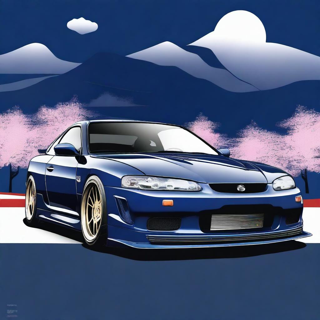 A detailed image of a Nissan S15 track car in dark midnight blue color featuring a JDM inspired livery