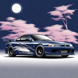 A detailed image of a Nissan S15 track car in dark midnight blue color featuring a JDM inspired livery