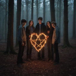 Four teenagers: three boys and one girl, encircling a fiery pentagram in the heart of a secluded forest under the cover of night. The scene is eerie yet captivating, thick with mystic undertones.