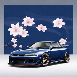 A detailed image of a Nissan S15 track car in dark midnight blue color featuring a JDM inspired livery