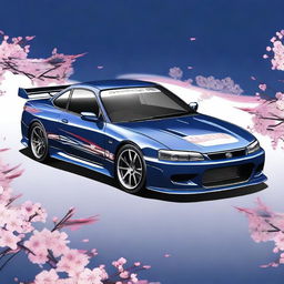 A detailed image of a Nissan S15 track car in dark midnight blue color featuring a JDM inspired livery