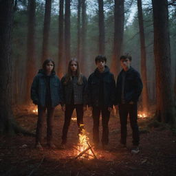 Four teenagers: three boys and one girl, encircling a fiery pentagram in the heart of a secluded forest under the cover of night. The scene is eerie yet captivating, thick with mystic undertones.