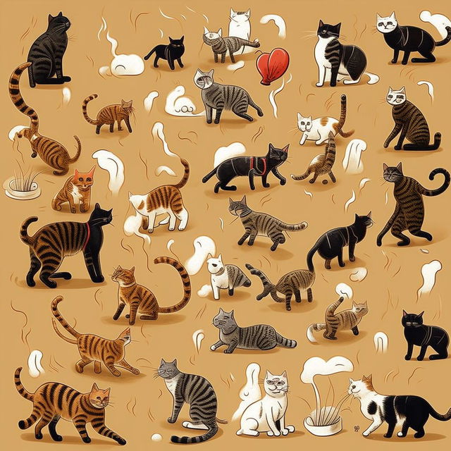 A fun-filled image featuring a number of cats corresponding to Tony's current points, with each cat playfully engaged in different activities.