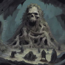 A detailed illustration of a shambling mound, a Frankenstein-like mass comprised of various corpses and gray vegetative matter