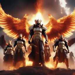 A group of phoenix warriors standing valiantly on a battlefield, their fiery wings spread wide, clad in ornate armor