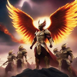 A group of phoenix warriors standing valiantly on a battlefield, their fiery wings spread wide, clad in ornate armor