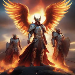 A group of phoenix warriors standing valiantly on a battlefield, their fiery wings spread wide, clad in ornate armor