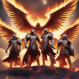 A group of phoenix warriors standing valiantly on a battlefield, their fiery wings spread wide, clad in ornate armor