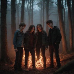 Four teenagers: three boys and one girl, encircling a fiery pentagram in the heart of a secluded forest under the cover of night. The scene is eerie yet captivating, thick with mystic undertones.