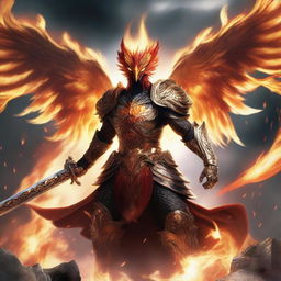 A furious phoenix warrior in mid-battle, with flames erupting from their wings and eyes blazing with intensity