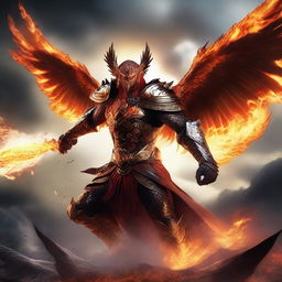 A furious phoenix warrior in mid-battle, with flames erupting from their wings and eyes blazing with intensity