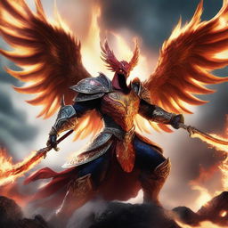 A furious phoenix warrior in mid-battle, with flames erupting from their wings and eyes blazing with intensity