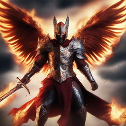 A furious phoenix warrior in mid-battle, with flames erupting from their wings and eyes blazing with intensity