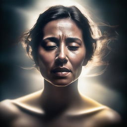 A woman rising from her sorrow, depicted with an expression of determination and hope