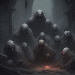 A monstrous heap comprised of gray corpses, depicted in a dark and eerie dungeon setting