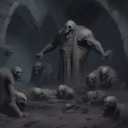 A monstrous heap comprised of gray corpses, depicted in a dark and eerie dungeon setting