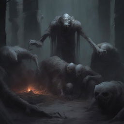 A monstrous heap comprised of gray corpses, depicted in a dark and eerie dungeon setting