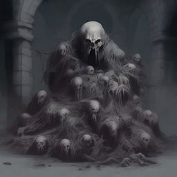 A monstrous heap comprised of gray corpses, depicted in a dark and eerie dungeon setting