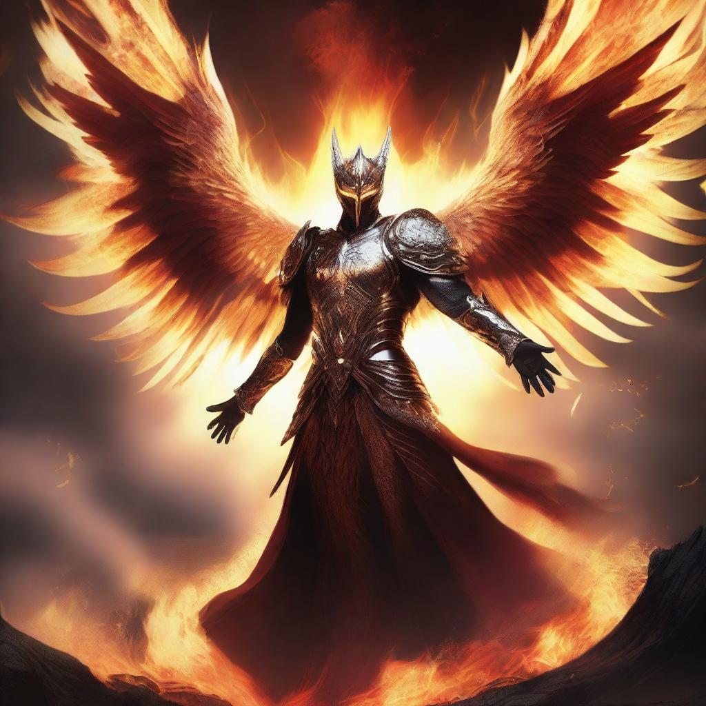 A phoenix warrior rising majestically from the ashes, surrounded by swirling flames and embers