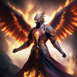 A phoenix warrior rising majestically from the ashes, surrounded by swirling flames and embers