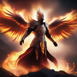 A phoenix warrior rising majestically from the ashes, surrounded by swirling flames and embers