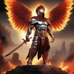 A Spartan phoenix warrior standing heroically, combining the classic elements of Spartan armor with fiery, phoenix-like features