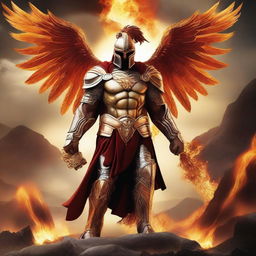 A Spartan phoenix warrior standing heroically, combining the classic elements of Spartan armor with fiery, phoenix-like features