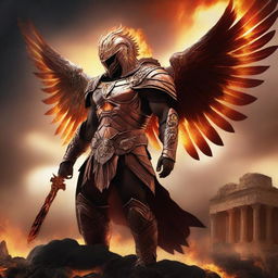 A Spartan phoenix warrior standing heroically, combining the classic elements of Spartan armor with fiery, phoenix-like features