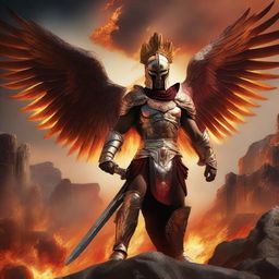 A Spartan phoenix warrior standing heroically, combining the classic elements of Spartan armor with fiery, phoenix-like features