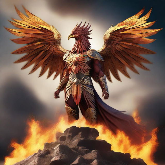 A majestic Spartan phoenix, combining the regal elements of a phoenix with the iconic armor of a Spartan warrior