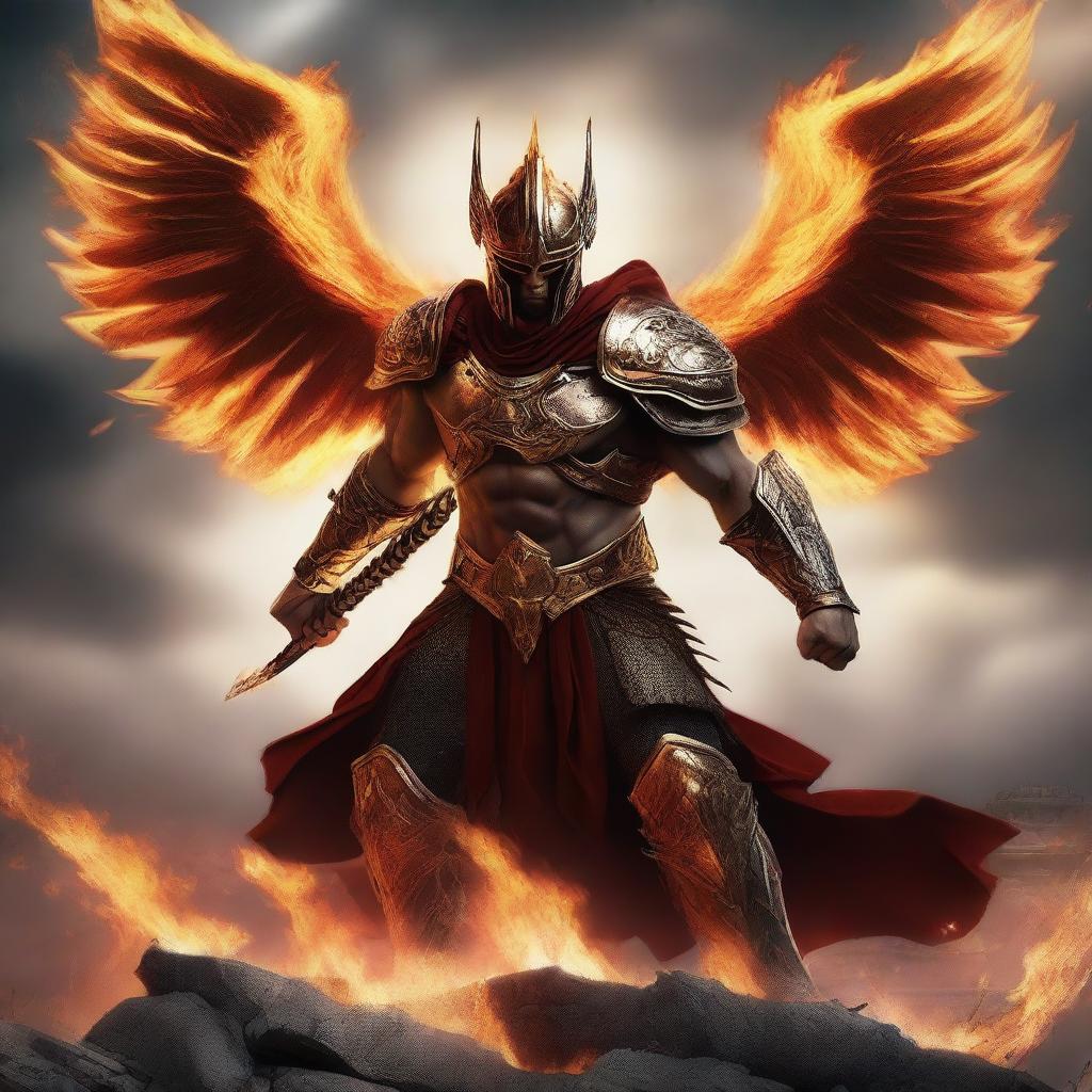 A furious Spartan phoenix warrior in the heat of battle, merging the fierce elements of a phoenix with the iconic armor of a Spartan