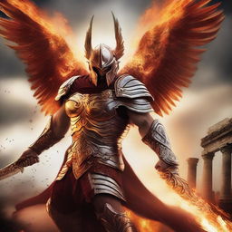 A furious Spartan phoenix warrior in the heat of battle, merging the fierce elements of a phoenix with the iconic armor of a Spartan