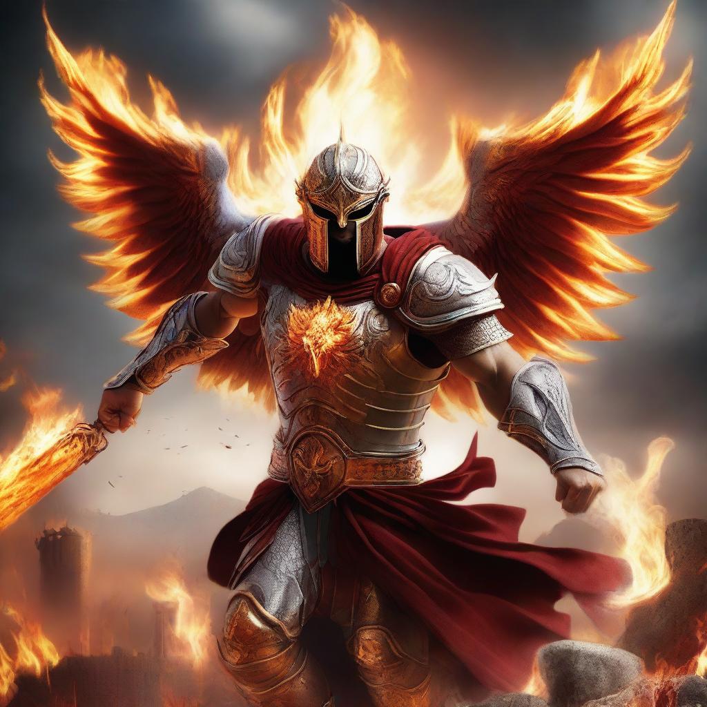 A furious Spartan phoenix warrior in the heat of battle, merging the fierce elements of a phoenix with the iconic armor of a Spartan