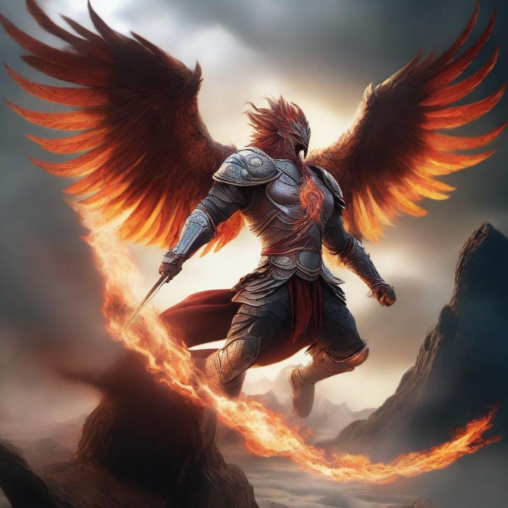 A fierce warrior riding a furious phoenix, soaring through a stormy sky