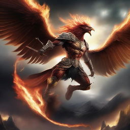 A fierce warrior riding a furious phoenix, soaring through a stormy sky