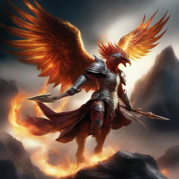 A fierce warrior riding a furious phoenix, soaring through a stormy sky