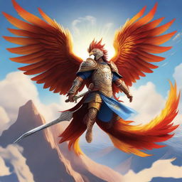 A brave warrior riding a majestic flying phoenix high in the sky