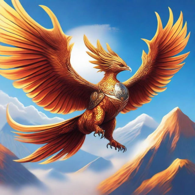 A brave warrior riding a majestic flying phoenix high in the sky