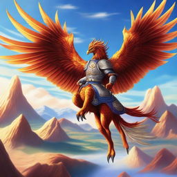 A brave warrior riding a majestic flying phoenix high in the sky