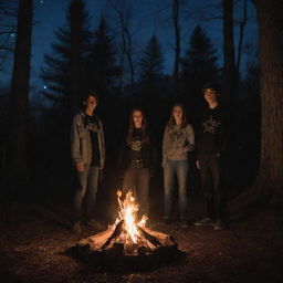 Four teenagers standing by a bonfire in the woods at night. There are three teenage boys and one teenage girl gathered around a blazing pentagram, engrossed in a witchy scene surrounded by trees under a starlit sky.