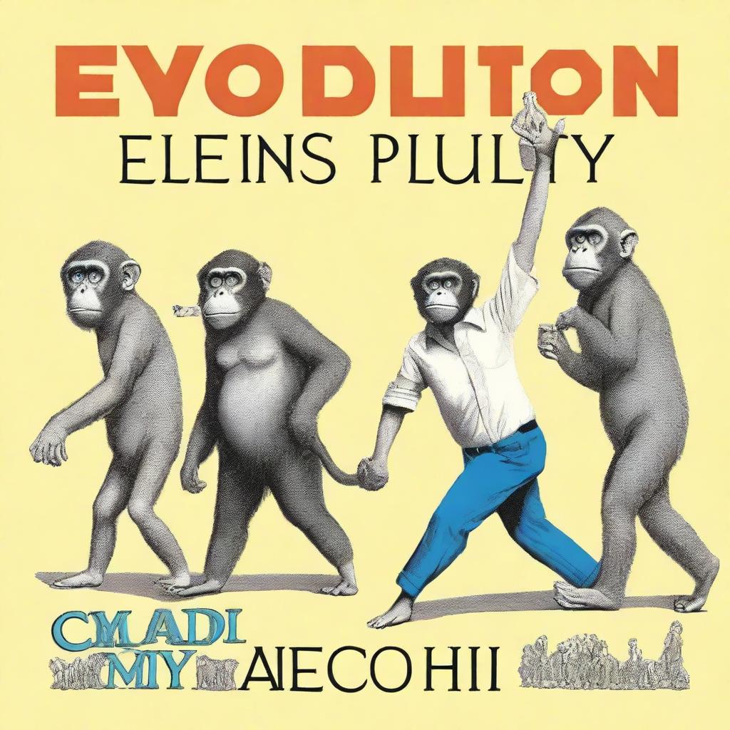 A book cover titled 'Evolution of Comedy' featuring an image depicting the evolution from a monkey to a modern human