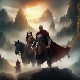 Create a captivating movie poster featuring a diverse cast of characters in an epic fantasy setting