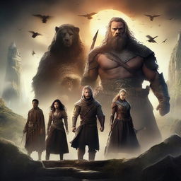 Create a captivating movie poster featuring a diverse cast of characters in an epic fantasy setting